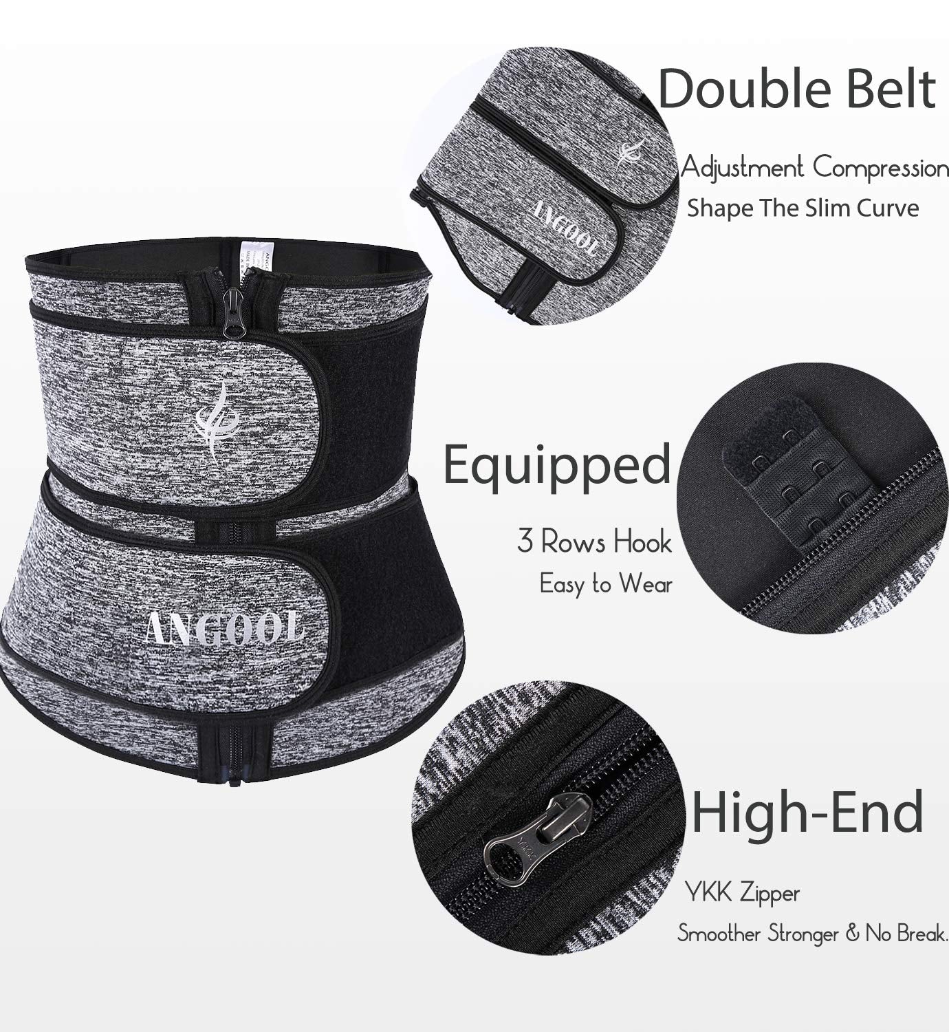 ANGOOL Neopren Waist Trainer For Women,Workout Plus Size Trimmer Belt Sauna Sweat Corset Cincher With Zipper Gray