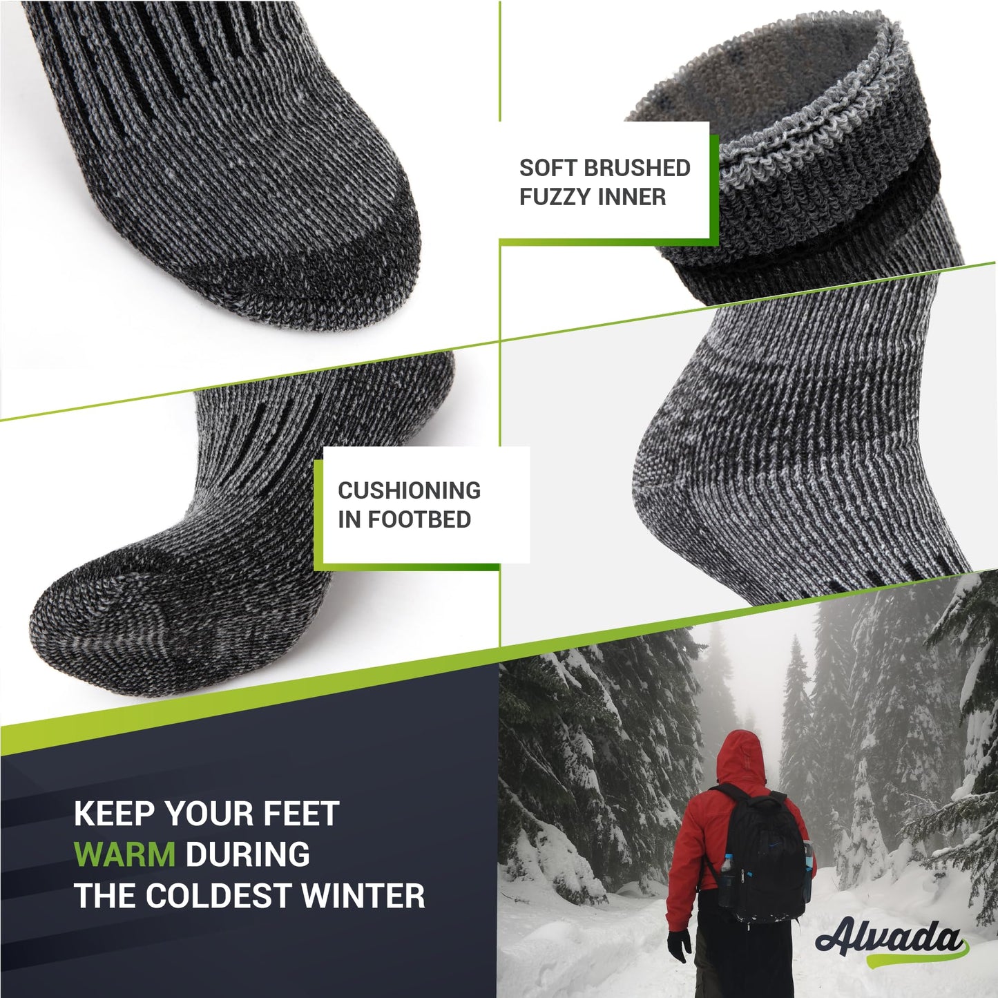 Alvada Warm Thermal Wool Socks for Winter Moisture Wicking and Breathable Cozy Boot Socks Charcoal LXL