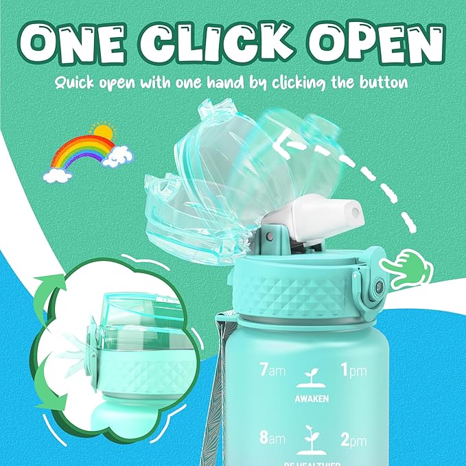 Oldley Kids Water Bottle for School, 17 oz (Straw Lid) BPA-Free Reusable Leak-proof Durable Tritan Plastic Water Bottles with One-handed Opening Straw Lids, Anti-dust Spout Cover (Mint Green)