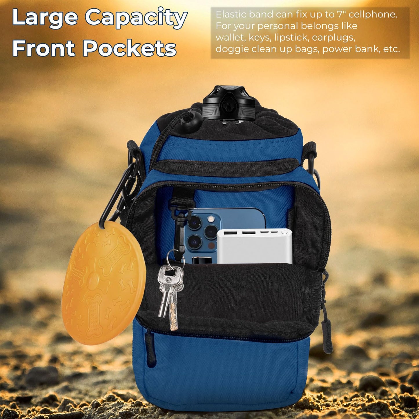 Nuovoware Water Bottle Carrier, 40oz Bottle Carrier Sports Water Bottle Holder with Adjustable Shoulder Strap, 2 Pockets Flask Sling Bag Drawstring Pouch for Climbing Hiking Walking, Blue