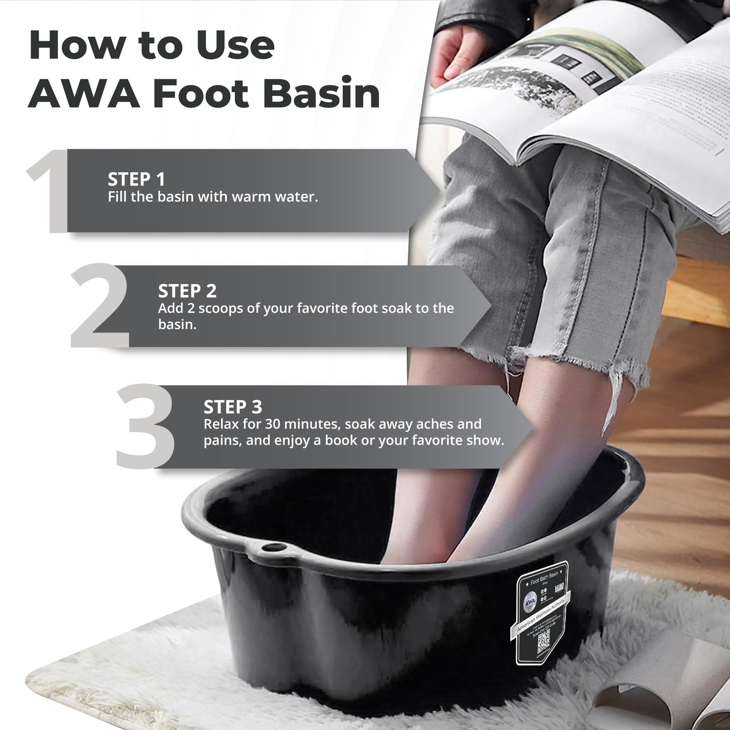 American Wellness Authority AWA Extra Large foot bath basin - Sturdy plastic soak tub For Soaking feet and Pedicure At Home Spa Kit Women Men (Grey Basin), 1.0 Count