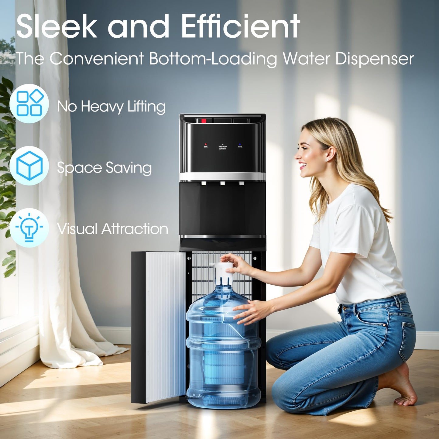 Manastin Bottom Loading Water Cooler Dispenser for 5 Gallon Bottles, Stainless Steel Water Cooler with 3 Temperature Settings - Hot, Cold & Room Water, Ideal Design for Home & Office, Jet Black