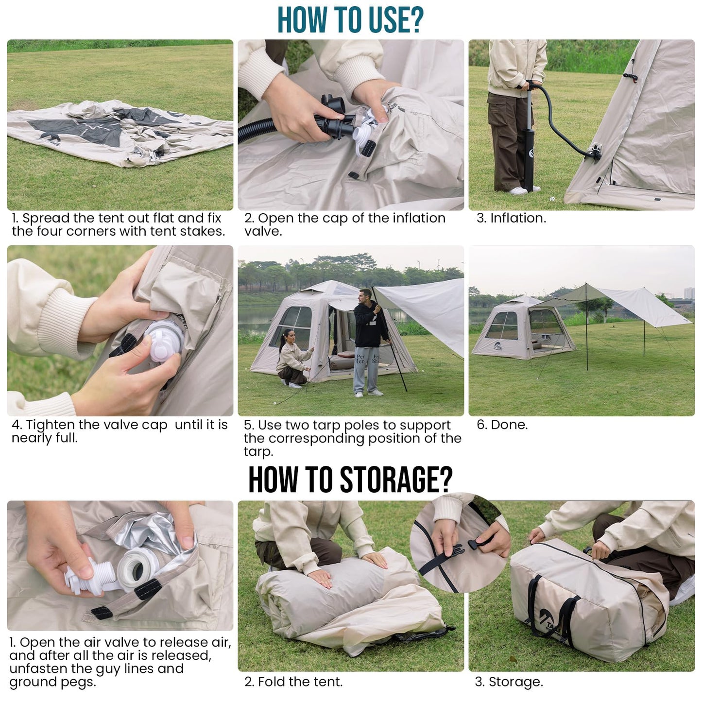TAILI Inflatable Blow Up Tent for Camping with Hand Pump for 4-6 Person, Easy Setup Outdoor Inflatable Oxford Waterproof Air Tent House for Family Camping Adult, Khaki