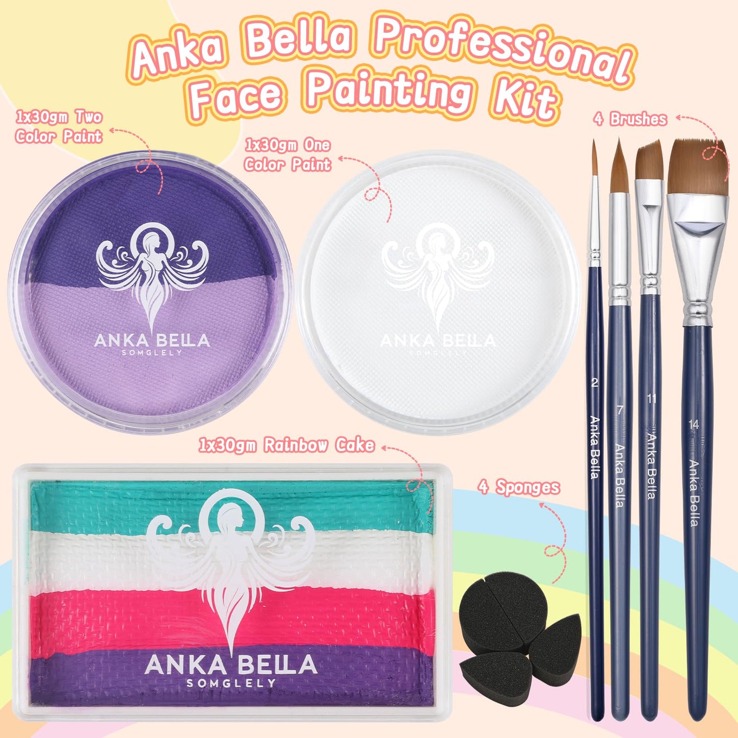 Anka Bella Professional Washable Face Paint(32gm),Water Based Face Painting Kit,Hypoallergenic & Non-Toxic,Gift for Birthday Parties/Halloween/Carnival(Sky Rainbow set)