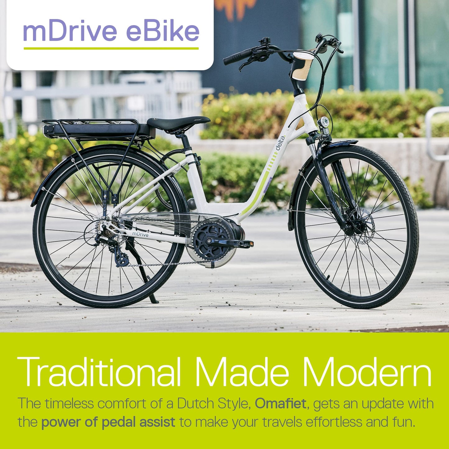 Electric Bike, Delta Cycle mDrive Ebike - 396Wh Lithium-Ion Battery, 55 Miles On Single Charge - 7 Speed Shimano Gear System, Front & Rear Disc Brakes - Safety Lights, Storage Rack & Kickstand