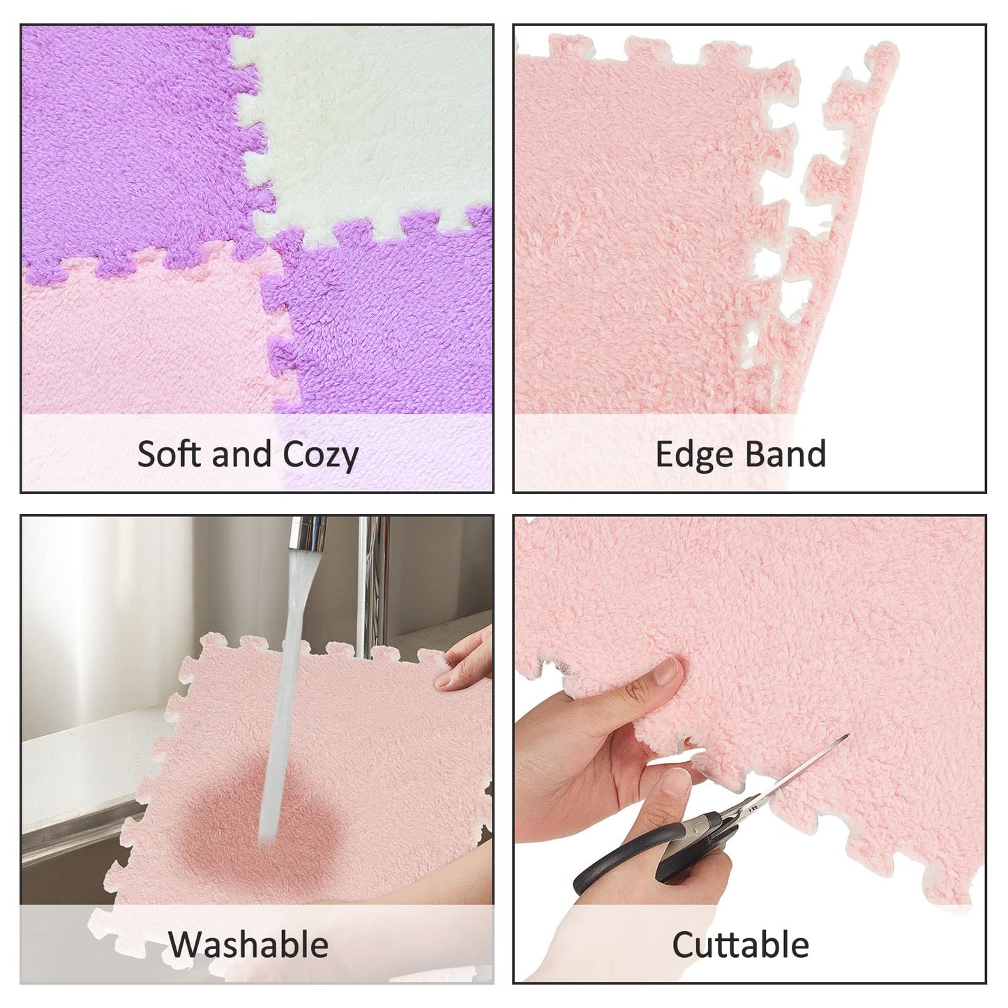 Amylove 72pcs Foam Floor Mat 12x12x0.4in Interlocking EVA Foam Mats with Border Soft Plush Fluffy Floor Tiles Interlocking Rug Climbing Area Carpet Squares for Home Playroom(White, Pink, Purple)