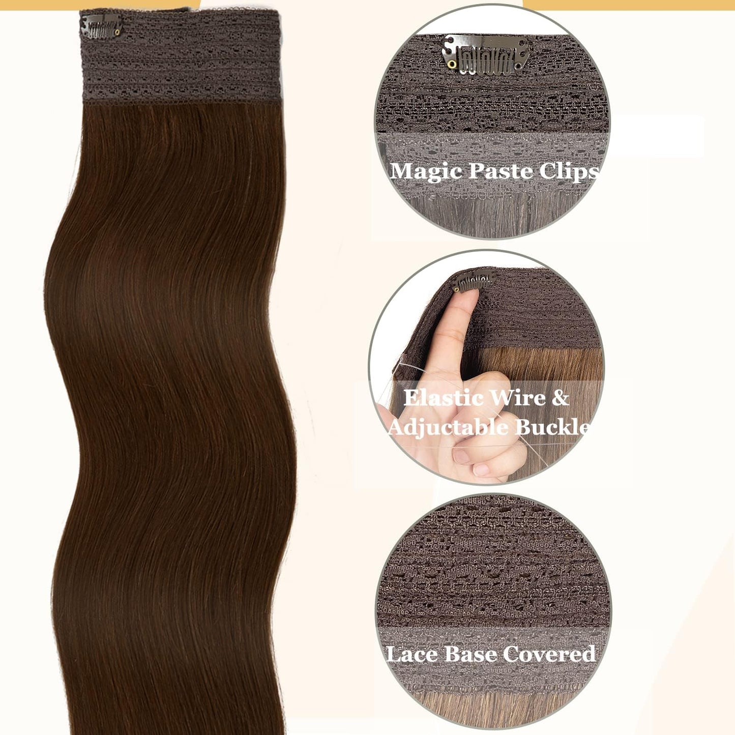 Anrosa Fish Line Hair Extensions Real Human Hair Chocolate Brown Color 4 Hidden Wire Hair Extensions Headband Adjustable Size Removable Secure Secret Extensions Human Hair 14 Inch 75g