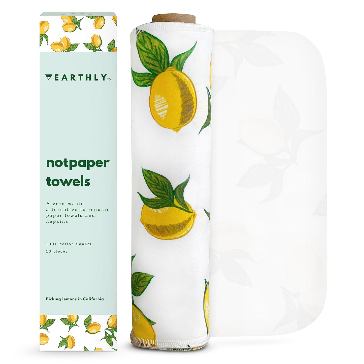 Reusable Paper Towels - 10 Pack - Roll of Washable Cotton Cloth Paper Towels - Paperless Reusable Napkins Cloth Washable - Absorbent + Long Lasting - Zero Waste Products - (Lemon)