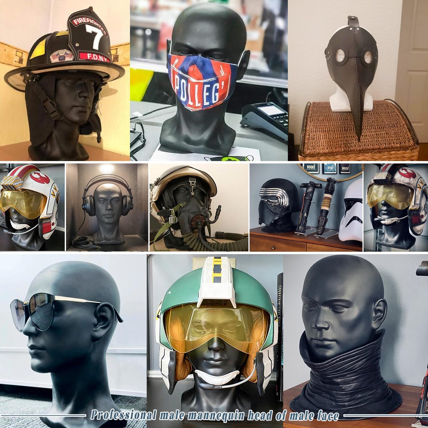 AMLUCKS Male Mannequin Head Professional PVC Manikin Head for Display Wigs Hats Headphone Mask Sunglasses Scarf Jewelry Display Stand (Bright Black)