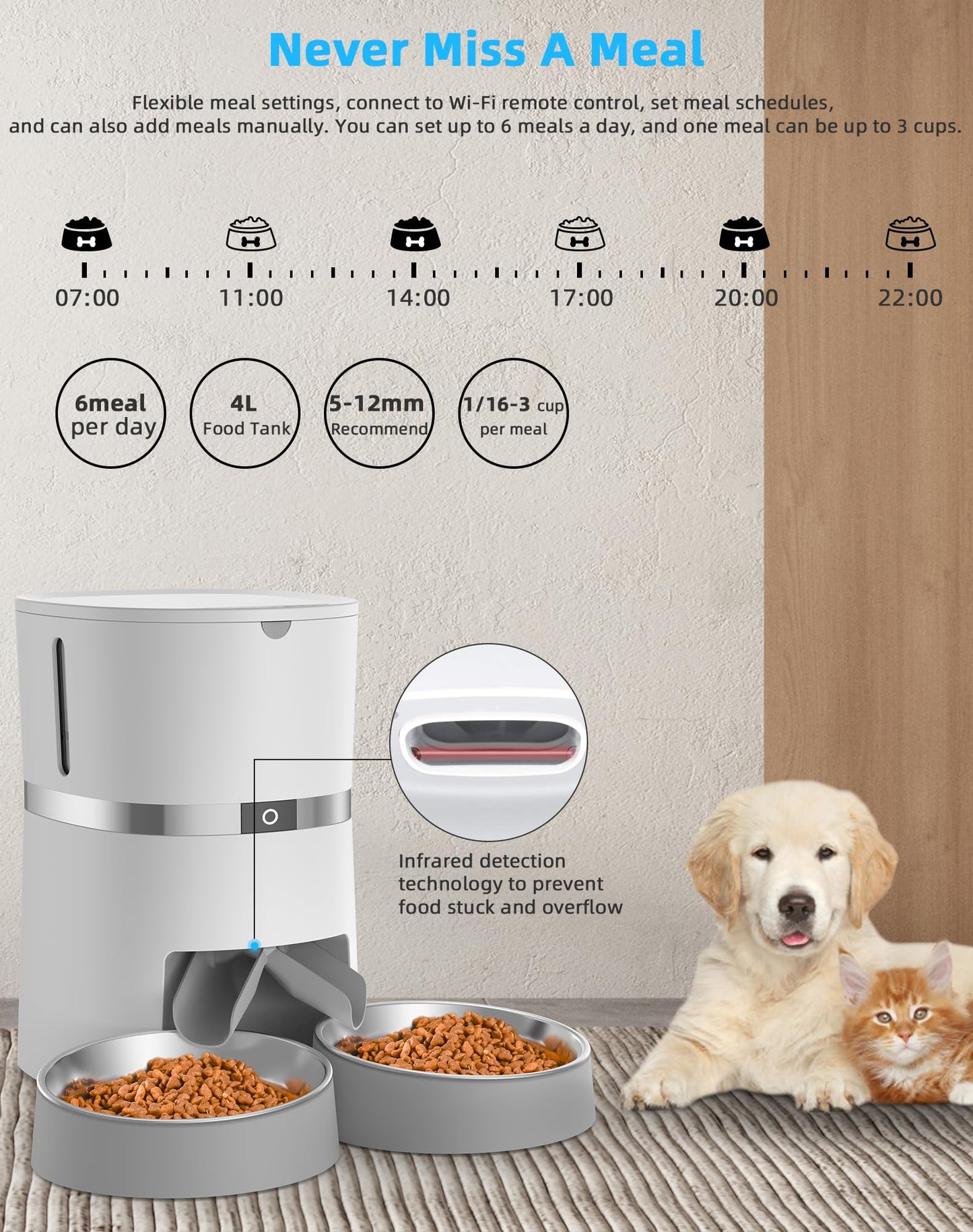 Automatic Cat Feeder, WellToBe Pet Feeder Food Dispenser for Cat & Small Dog with Two-Way Splitter and Double Bowls, up to 6 Meals with Portion Control, Voice Recorder - Battery and Plug-in Power
