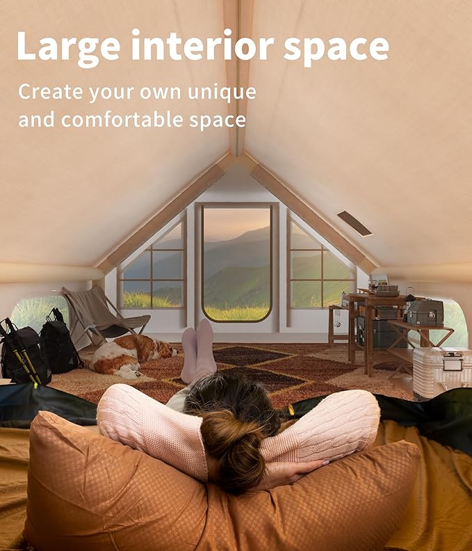 Inflatable Camping Tent with Pump, Luxury Camping Tent, Easy to Set Up, 4-Season Waterproof and Windproof Outdoor Gazebos, Luxury Cabin Tent with Two Doors and Six Windows.