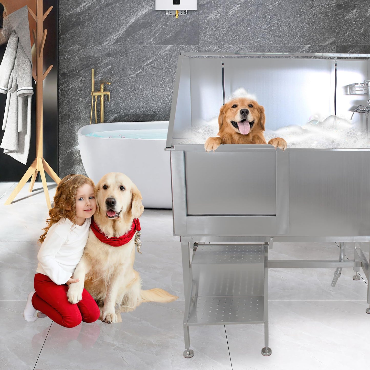 GarveeLife 50'' Dog Grooming Tub, Professional Bathtub with Retractable Stairs, Stainless Steel Pet Grooming Tub for Small & Large Dog, Right Door