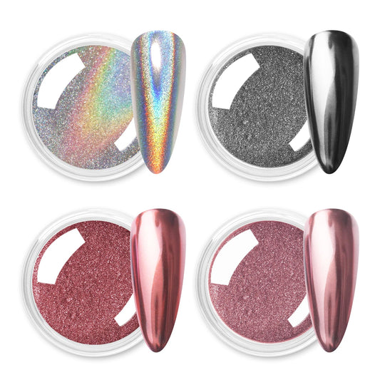 Allstarry Chrome Nail Powder, Metallic Mirror Effect Pigment Chrome Holographic Nail Glitter Magic Unicorn Glitter Dust Kit for Manicure Valentines Nail Art Decoration- Pink Silver Grey Series