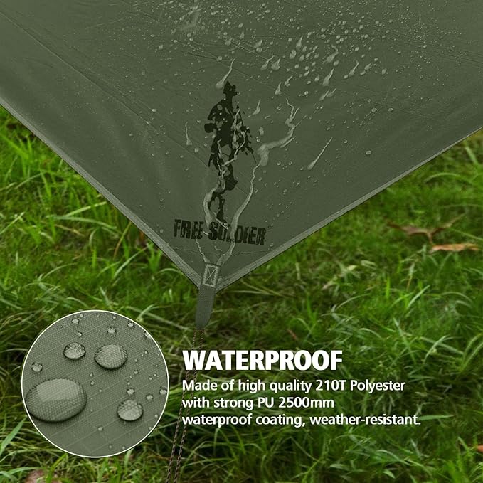 FREE SOLDIER Camping Tarp Waterproof Portable Multifunctional Outdoor Camping Traveling Awning Backpacking Shelter Rain Tarp (Dark Green 13×13ft)