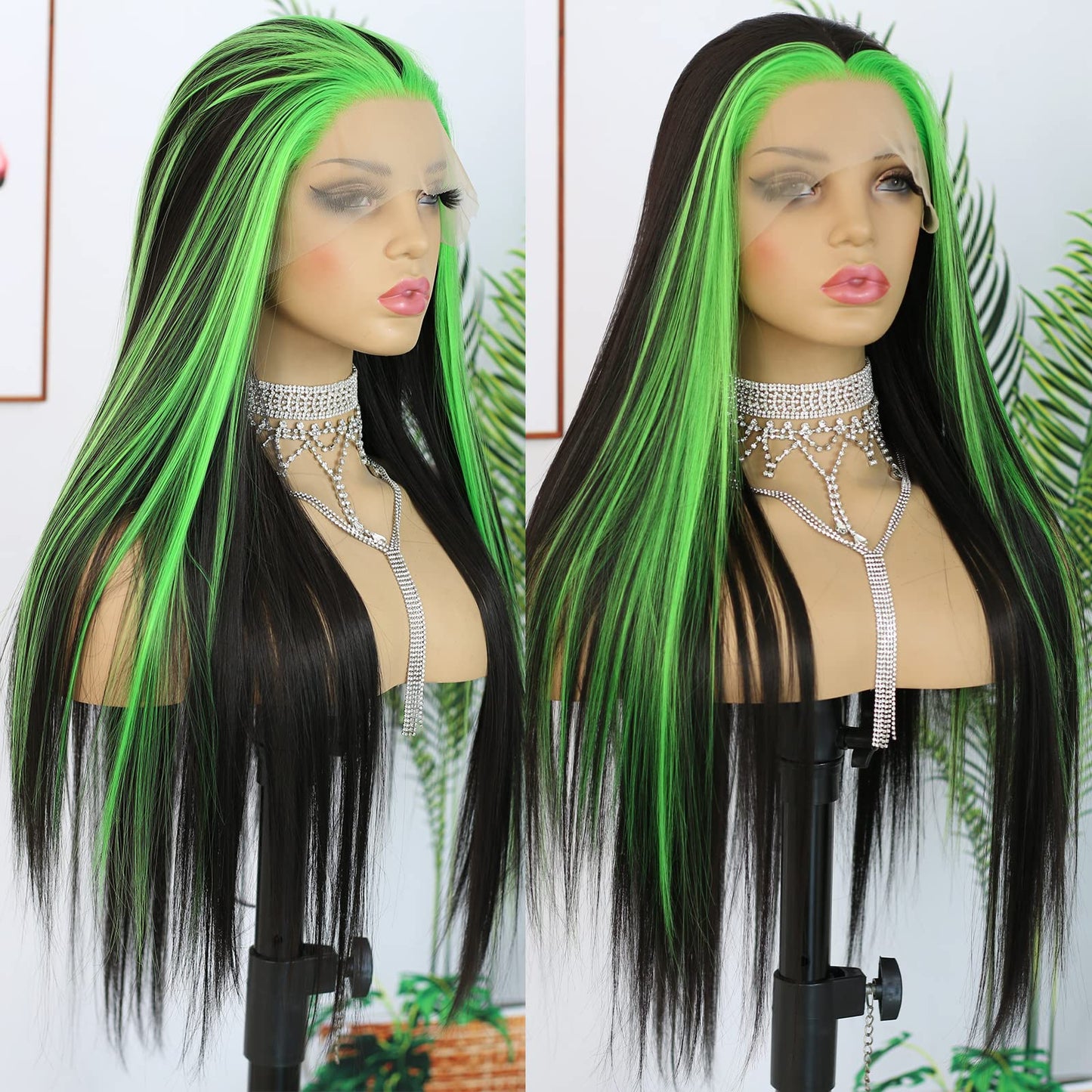 ANDRIA Lace Front Wigs Straight Hair Glueless Lace Wigs Synthetic Long Silk Straight Natural Wig Heat Resistant Fiber Black and Green Skunk Stripe Colorful Wig With Baby Hair For Black Women 24 Inches