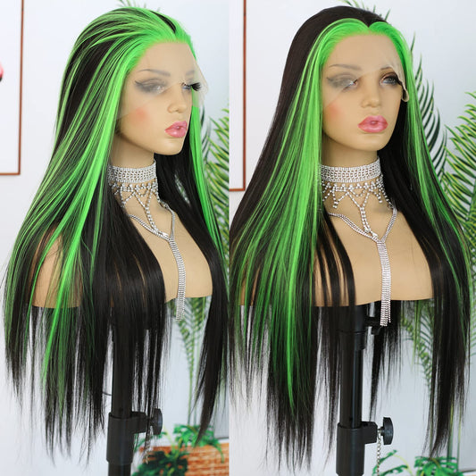 ANDRIA Lace Front Wigs Straight Hair Glueless Lace Wigs Synthetic Long Silk Straight Natural Wig Heat Resistant Fiber Black and Green Skunk Stripe Colorful Wig With Baby Hair For Black Women 24 Inches