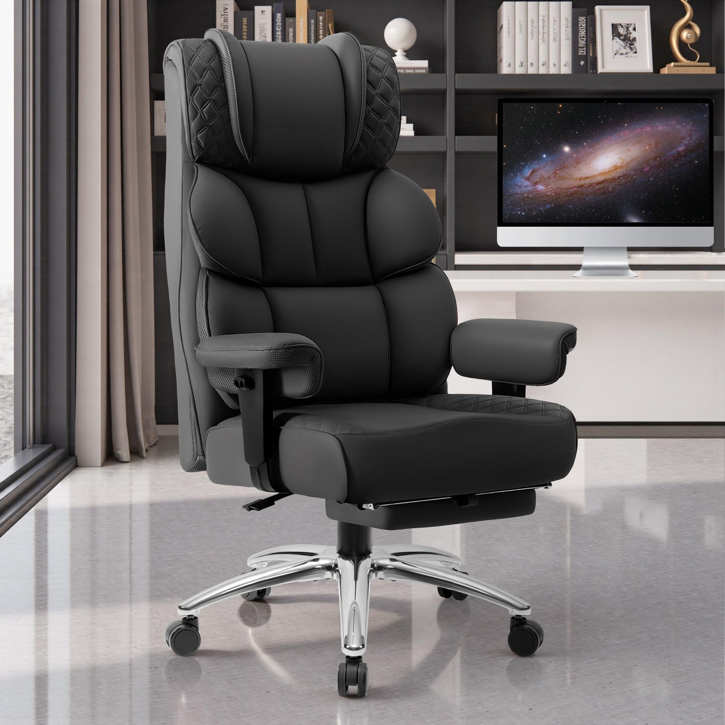 BestGlory Office Desk Chair, Big and Tall Leather Gaming Chair with Footrest, Wide Ergonomic Comfy Executive High-Back Reclining Computer Chairs, Swivel Rolling Wheels and Padded Lumbar Support, Black