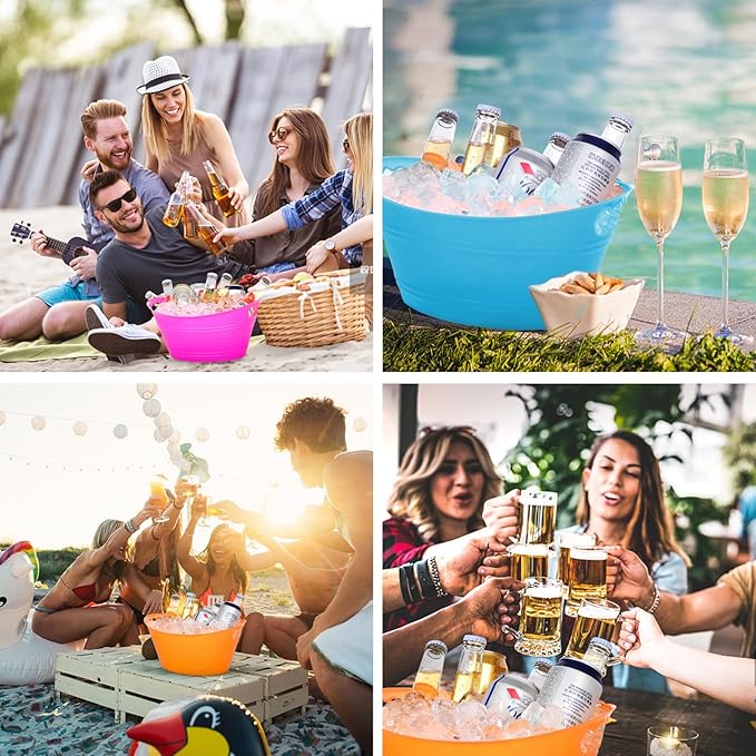 8Pcs Ice Bucket, Plastic Ice Buckets for Parties, Drink Buckets with Handles Beverage Buckets Oval Storage Plastic Tub for Wine Beer Champagne Bottles, 4.3Liter (set-1)