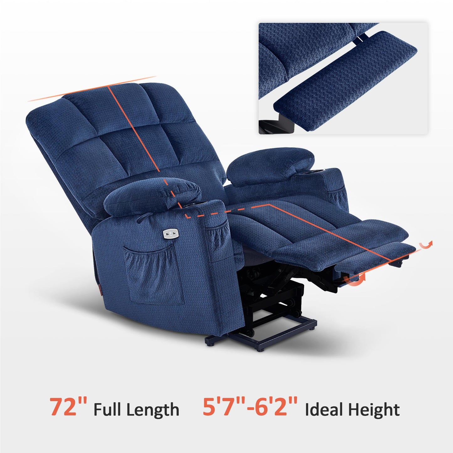 MCombo Large Dual Motor Power Lift Recliner Chair for Elderly, Massage and Heat, Lay Flat, Zero Gravity, Home Button, USB Port, Fabric 7680 (Large, Navy Blue)