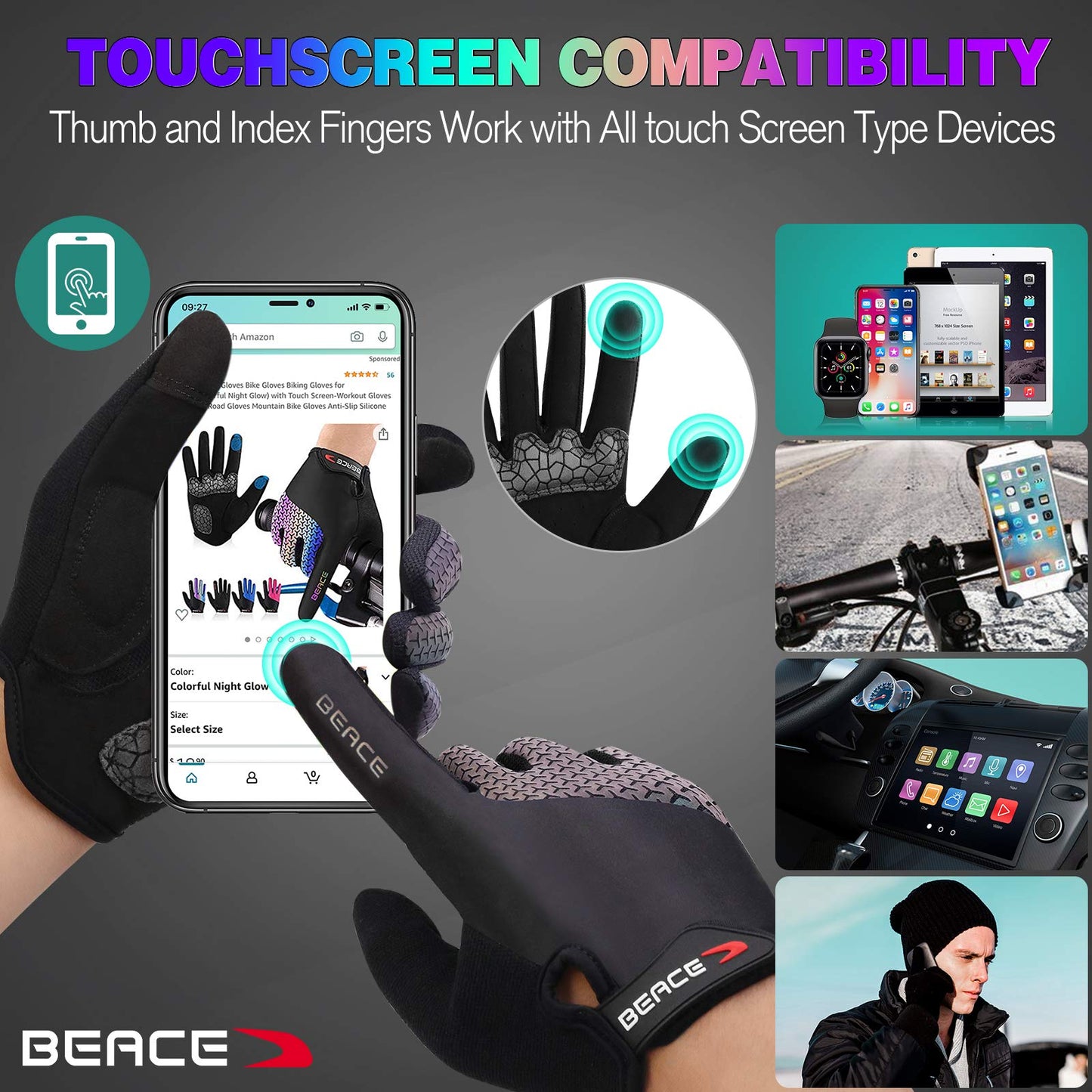 BEACE Cycling Gloves Bike Gloves Biking Gloves for Women(Colorful Night Glow) with Touch Screen-Workout Gloves Full Finger Road Gloves Mountain Bike Gloves Anti-Slip Silicone Palm