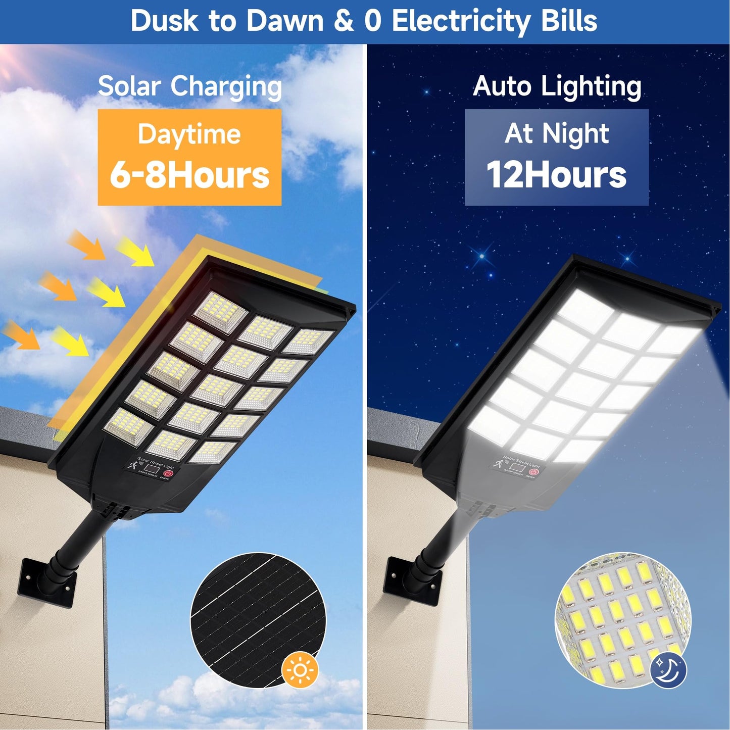 Aqraou Solar Lights Outdoor Waterproof, 6500K Dusk to Dawn Solar Street Light Motion Sensor with Remote Control, LED Security Light for Outside Garden Yard Parking Lot, Oudoor Flood Lights, 4PACK