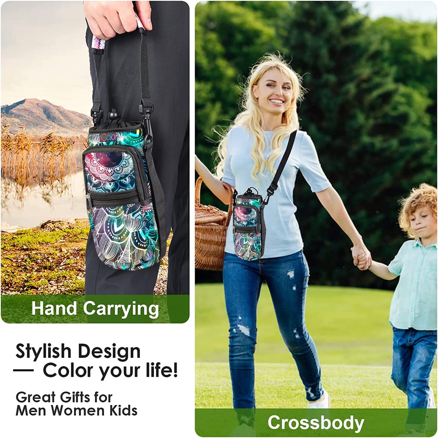 icolor Water Bottle Carrier Bag Holder 25/32/40/64oz,Adjustable Padded Shoulder & Handle Strap Sports Sling Hiking Pack,Insulated Neoprene Wide Mouth Bottle Sleeve