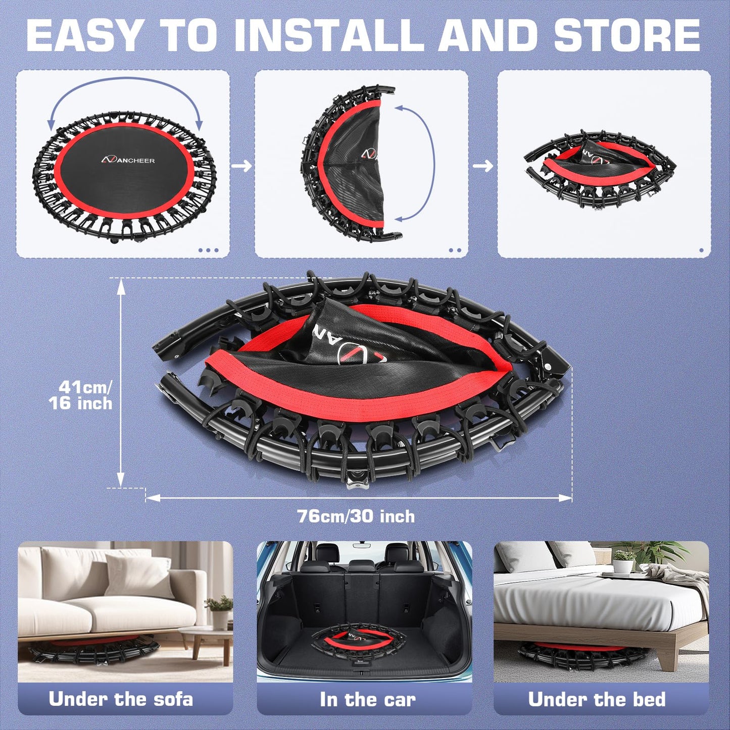 ANCHEER Foldable Mini Trampoline,40" Trampoline for Adults,Fitness Rebounder with Adjustable Foam Handle.Exercise Trampoline for Kids Indoor/Garden