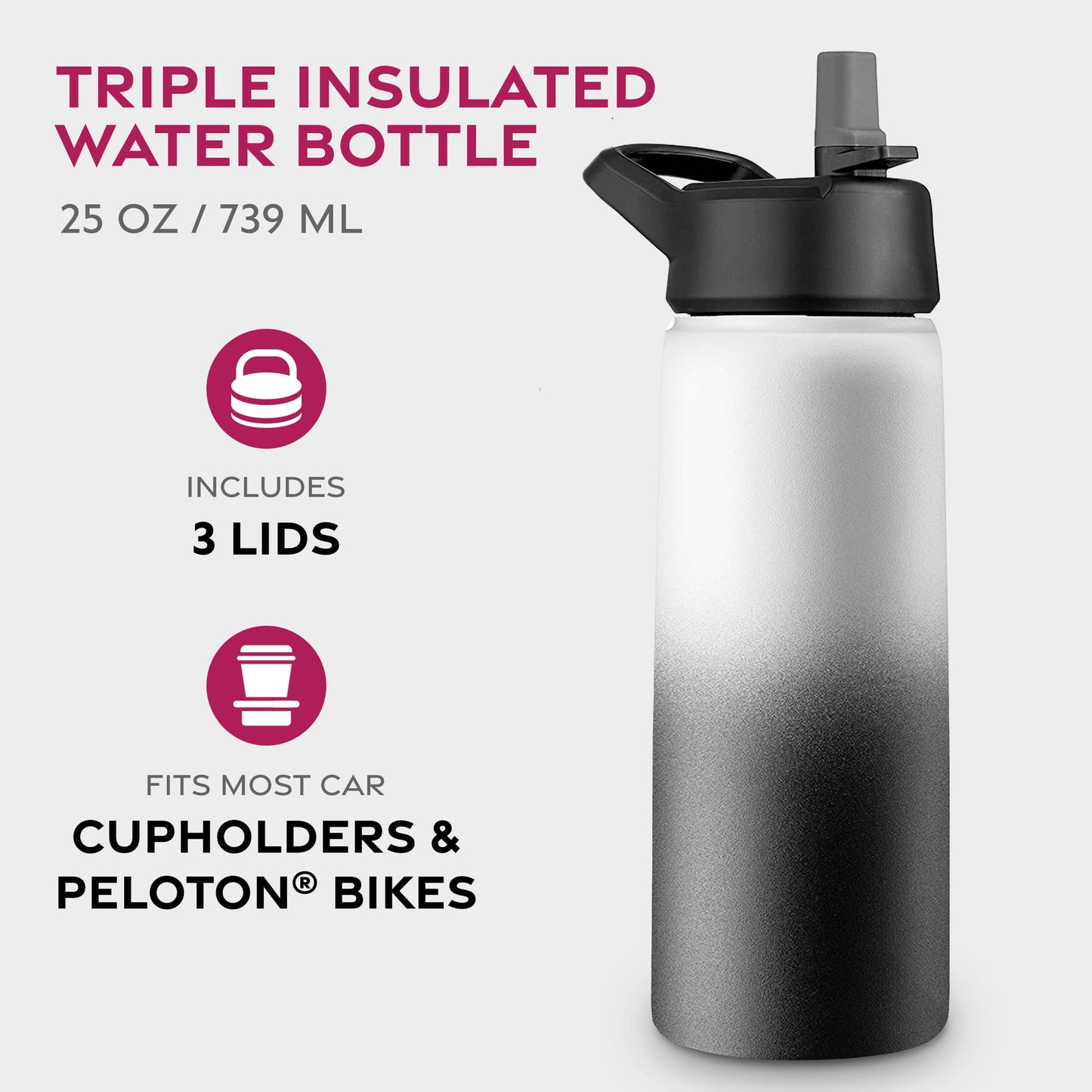 FineDine Triple Walled, Insulated Water Bottles with Straw - 25 Oz Stainless Steel Metal Bottle W/ 3 Leak Proof Lids - For Travel, School, Sports, Gym / Men, Women & Kids - Dreamy Black-White