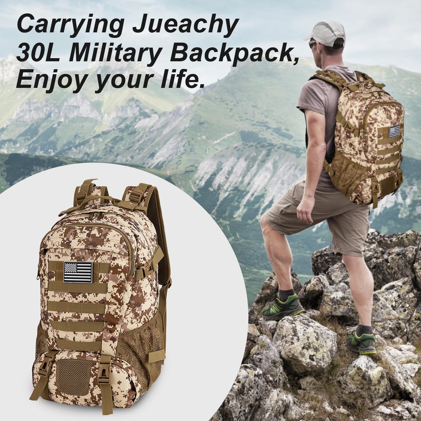 Jueachy Tactical Backpack for Men Hiking Day Pack Molle Military Rucksack Waterproof 30L EDC Bag with USA Flag Patch Desert Camo Style