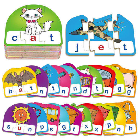 HugHush CVC Puzzle Cards for Kids, Toddler Speech Therapy Toys, 3 Letter Word Puzzle, Reading Spelling Game, Preschool Classroom Must Have