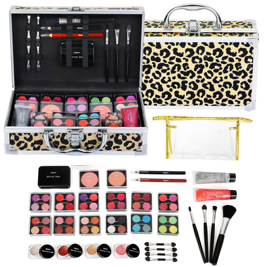 Anpro All-In-One Makeup Carry Case with Pro Teen Makeup Set, Full Starter Cosmetics Kit with Makeup Brushes, Lipsticks, Eye Shadows Palette, Blushes, Glitter Gel-Yellow Leopard