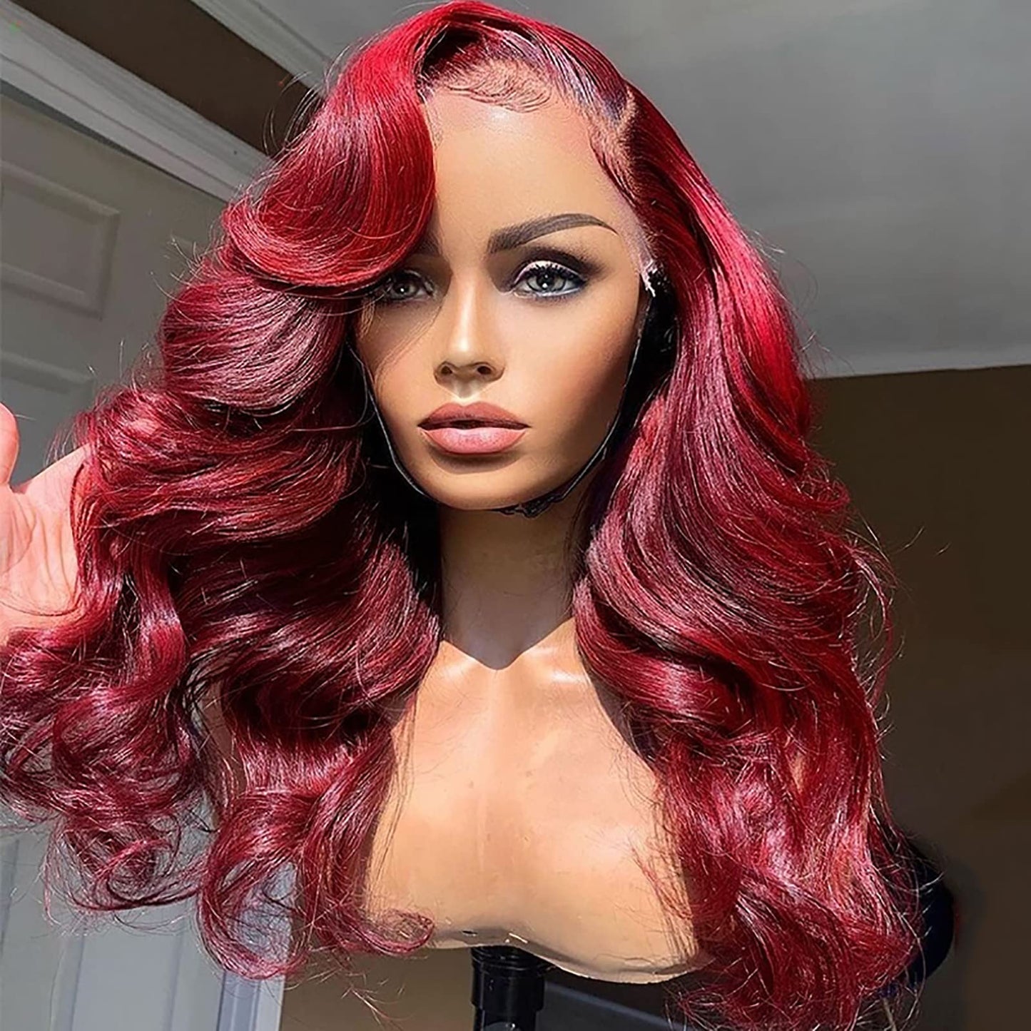 ANDRIA 13X4 HD Lace Front Wigs Pre-Plucked Hairline 16 Inches Body Wave Burgundy Glueless Lace Frontal Wigs with Baby Hair Short Bob Wig 200% Density Wine Red Loose Wave Short Curly Lace Closure Wig
