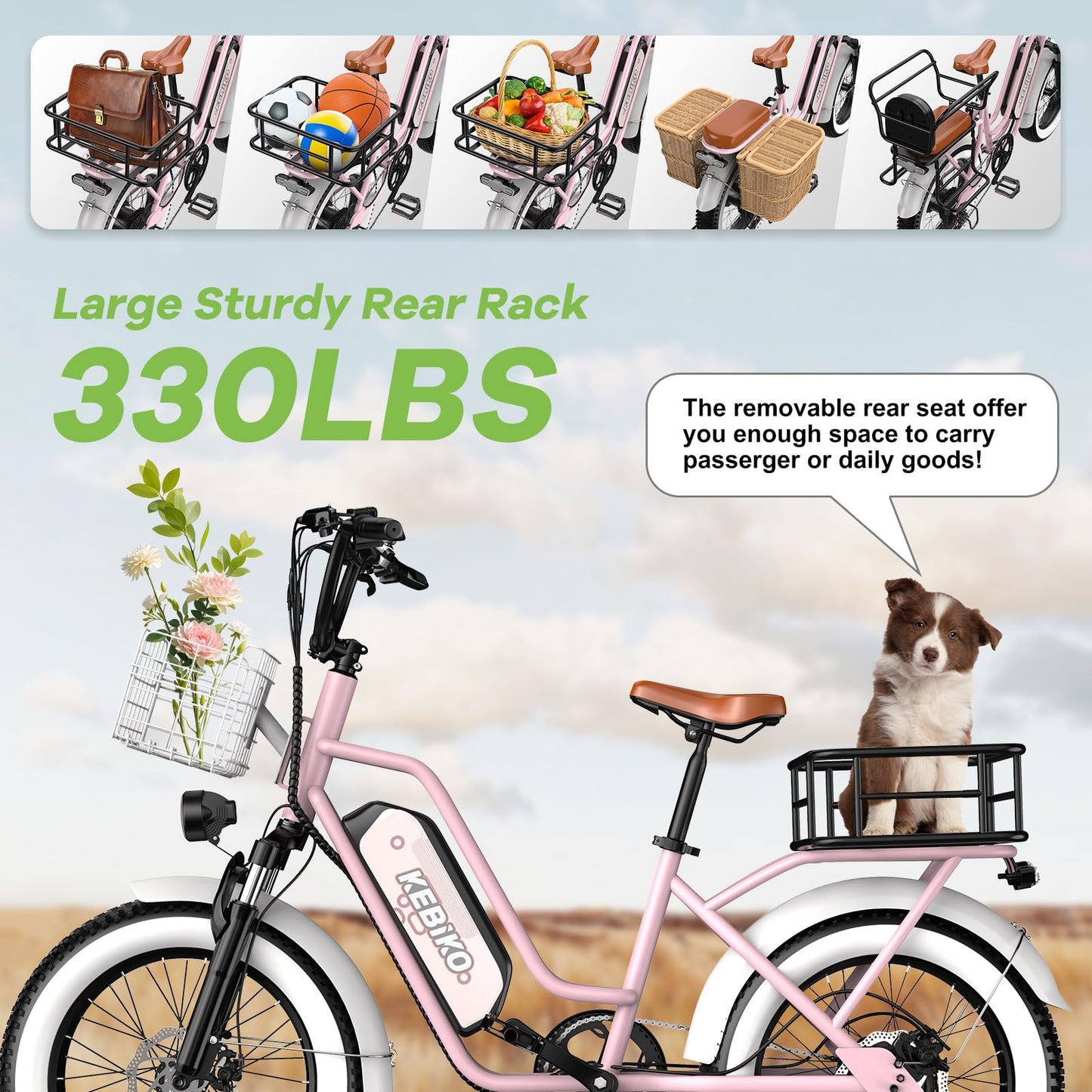 Electric Bike for Adults, 20"x 4" Fat Tire 35MPH Ebike, 1450W Peak Mountain Commute Bike with 48V 20AH Removable 960WH Battery, 80 Miles Max Range Mechanical Disc Brake 2 Seater Electric Bicycle Pink