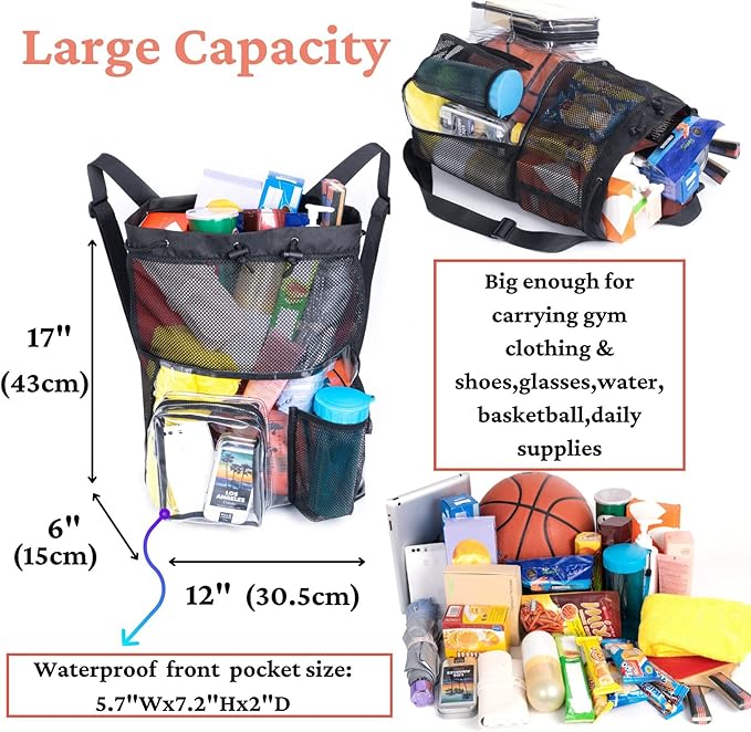 Mildbeer Clear Mesh Backpack for Beach Swimming Gym Travel, Drawstring Mesh Bag for Sports, Camping, Transparent Backpack with Wet and Dry Separation