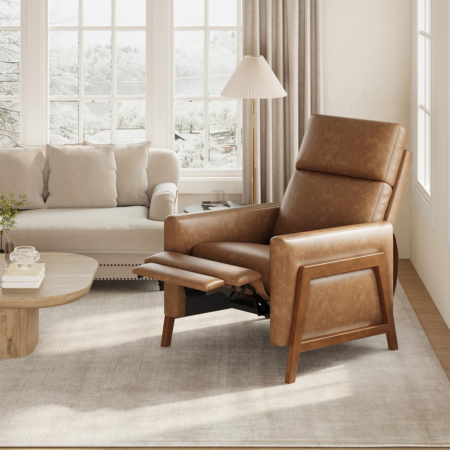 COLAMY Push Back Recliner Chair Set of 2, Upholstered Leather Recliner with Footrest 105-135 Degree Adjustable, Comfy Modern Wingback Recliner for Living Room, Bedroom,Small Spaces, Cocoa