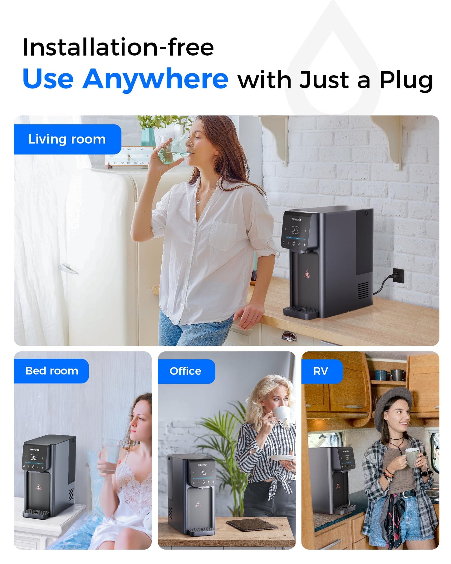 Waterdrop WD-A1 Countertop Reverse Osmosis System, Hot Cold & Room Water Dispenser, NSF/ANSI 58 Standard, 2:1 Pure to Drain, No Installation