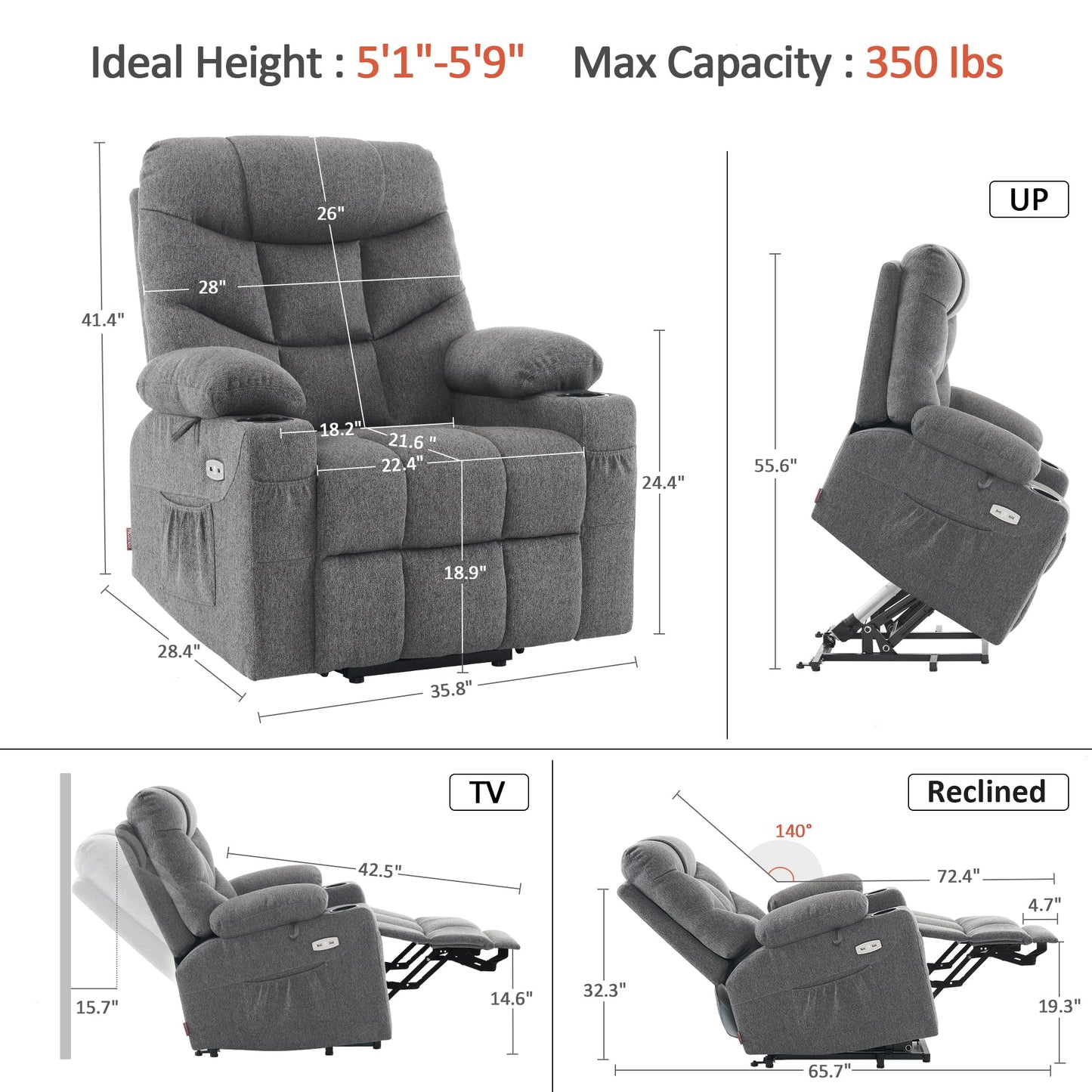MCombo Power Lift Recliner Chair with Extended Footrest for Elderly People, Fabric 7287 (Dark Gray, Medium)