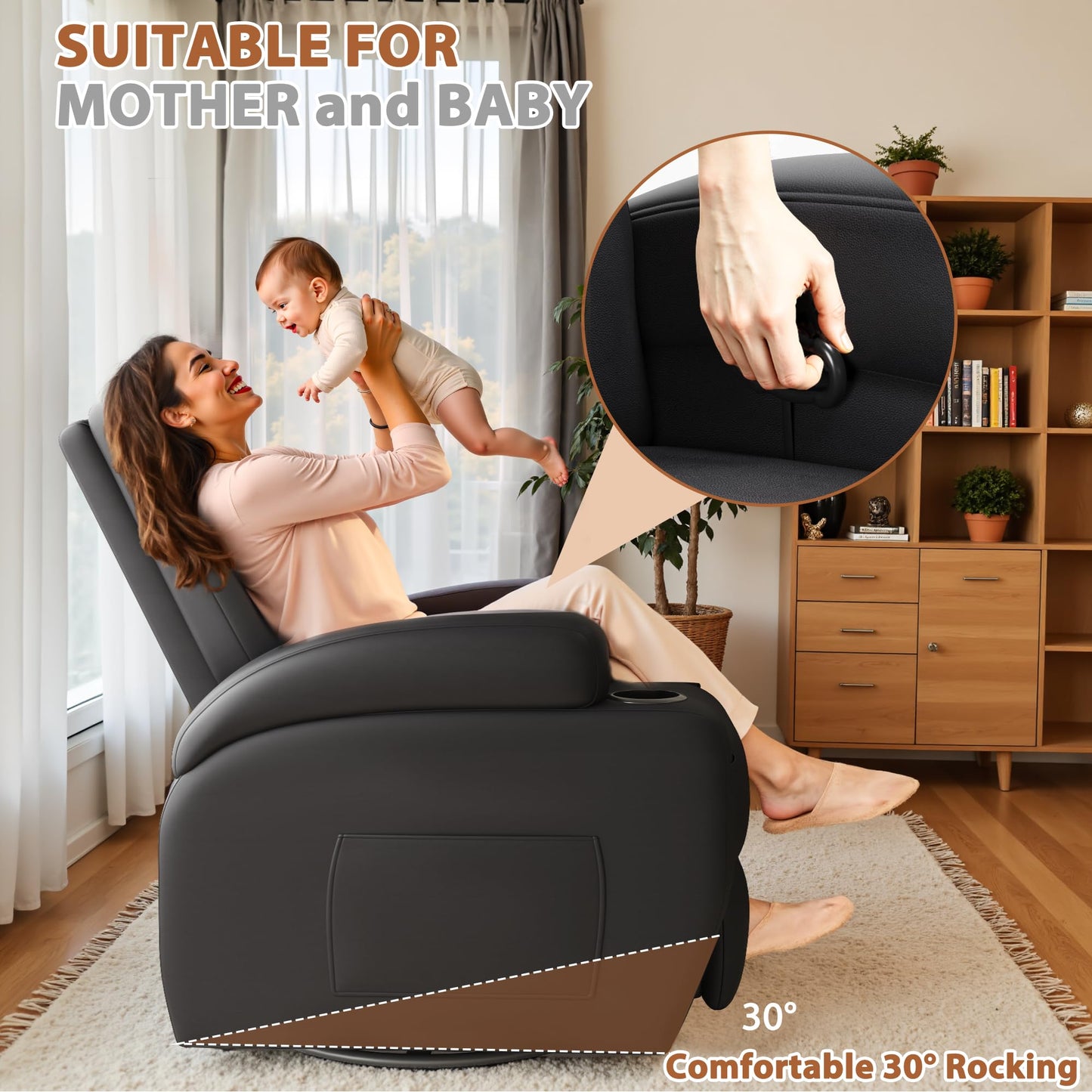 Flamaker Swivel Rocker Recliner Chair with Vibration Massage, 360° Swivel Recliner Chairs for Adults Ergonomic Lounge Chair with Cup Holders Lazy Boy Recliner Single Sofa Seat (Leather, Black)