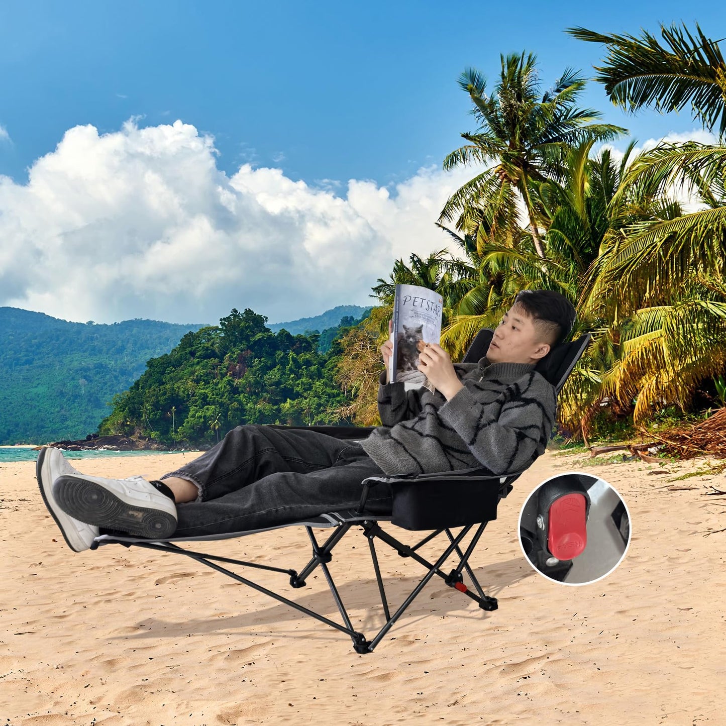 POEPORE 2-Pack Reclining Camping Chair 4 Position with Foot Rest Comfortable for Adults 265Ibs Folding Lounger Mesh Beach Chair with Cooler Bag and Cup Holder for Outdoor Patio