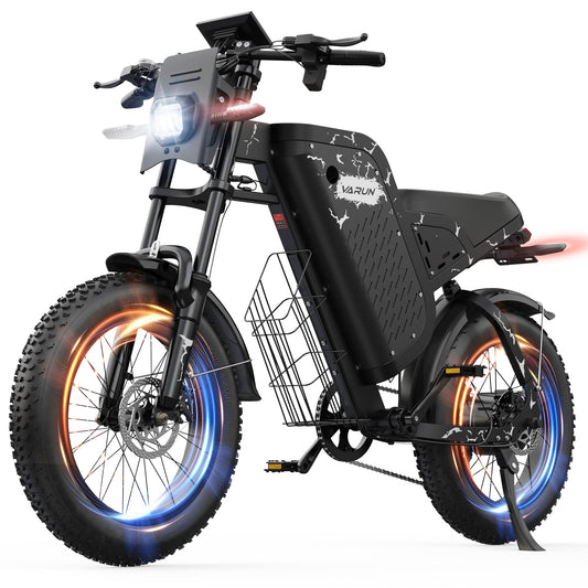 VARUN Electric Bike - Peak 1000W Ebike for Adults Up to 60Miles & 28MPH，48V 20.8Ah Battery, 20" Fat Tires, 7-Speed All-Terrain E-Bike with Suspension, LED Lights & Turn Signals - Dirt Bike Style
