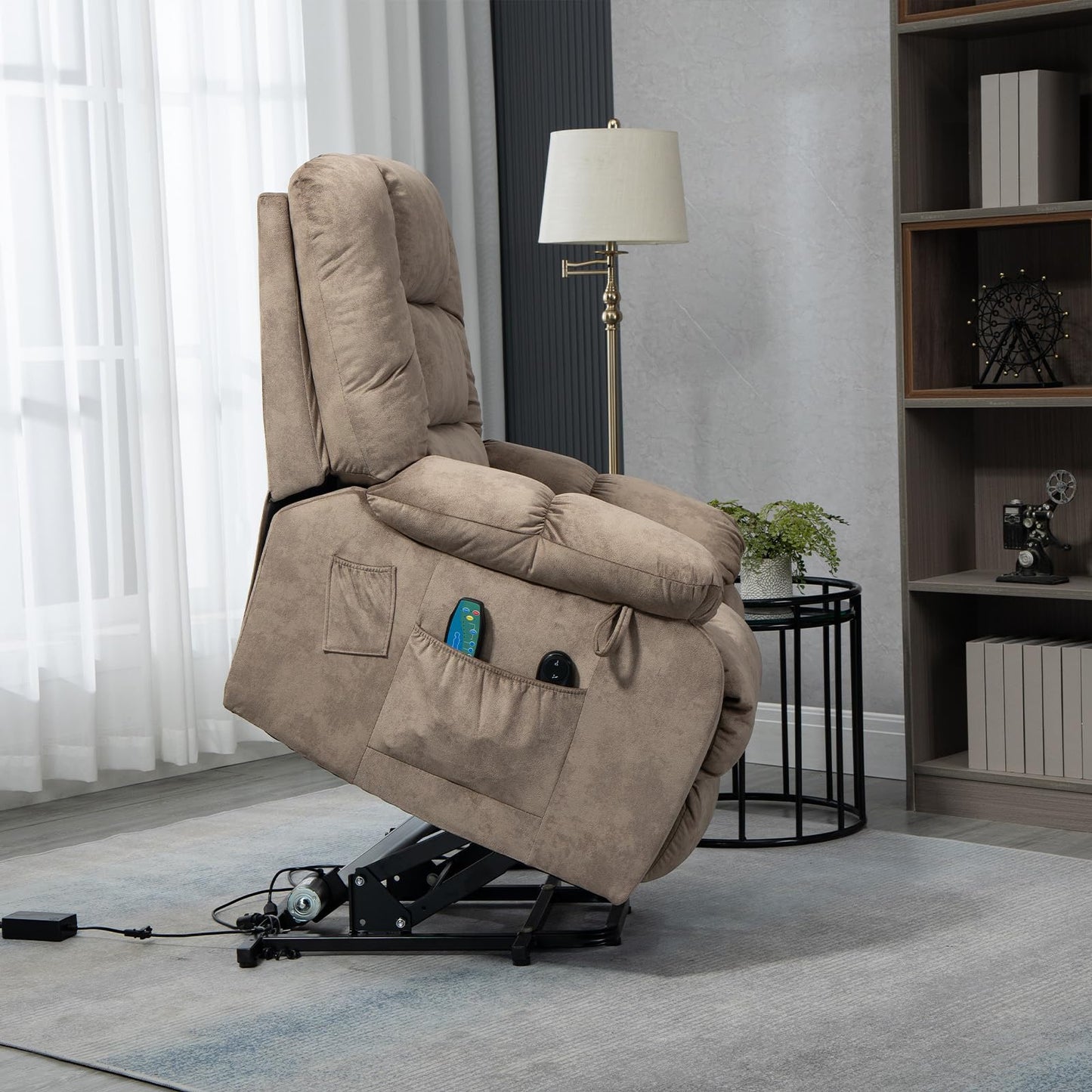 FANYE Electric Power Lift Recliner Chair for Elderly with Massage and Heat, Microfiber Upholstery 3 Positions Adjustable Standard Size Armchair W/ 2 Remote Controllers & Side Pockets
