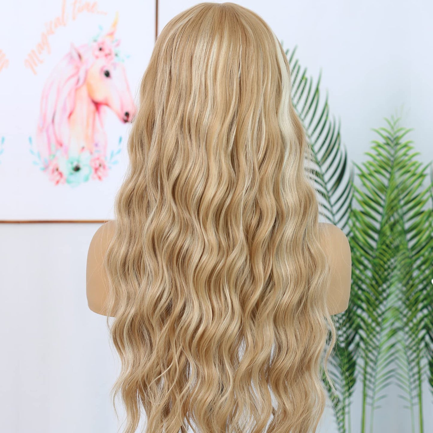 ANDRIA Blonde Wig Brown with Blonde Stripe Highlight Long Loose Curly Wavy Wig with Bangs Synthetic Heat Resistant Fiber Hair Colorful Wigs for White Women（Brown with Blonde Stripe Highlight）