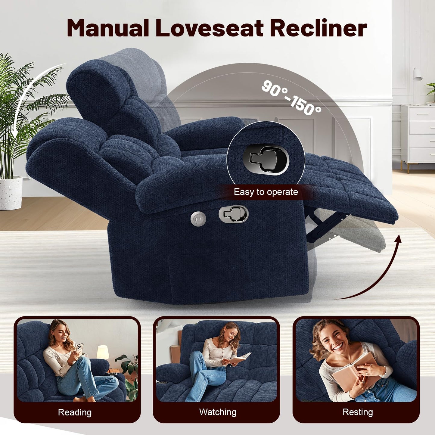 IROSTAE Loveseat Recliner Sofa, 2 Seater Minimalist Style Fabric Manual Pull Tab Reclining Loveseat with USB Charge Ports, Cup Holders, Recliner Love Seat Couches for Living Room, RV, Blue