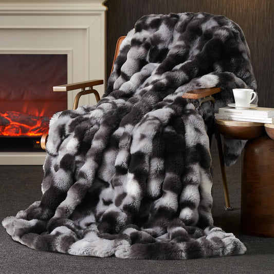 Amélie Home Faux Fur Throw Blanket for Couch, Fuzzy Soft Plush Thick Bubble Blanket for Sofa Bedroom Living Room, 50"x60" Inches, Tie-dye Black
