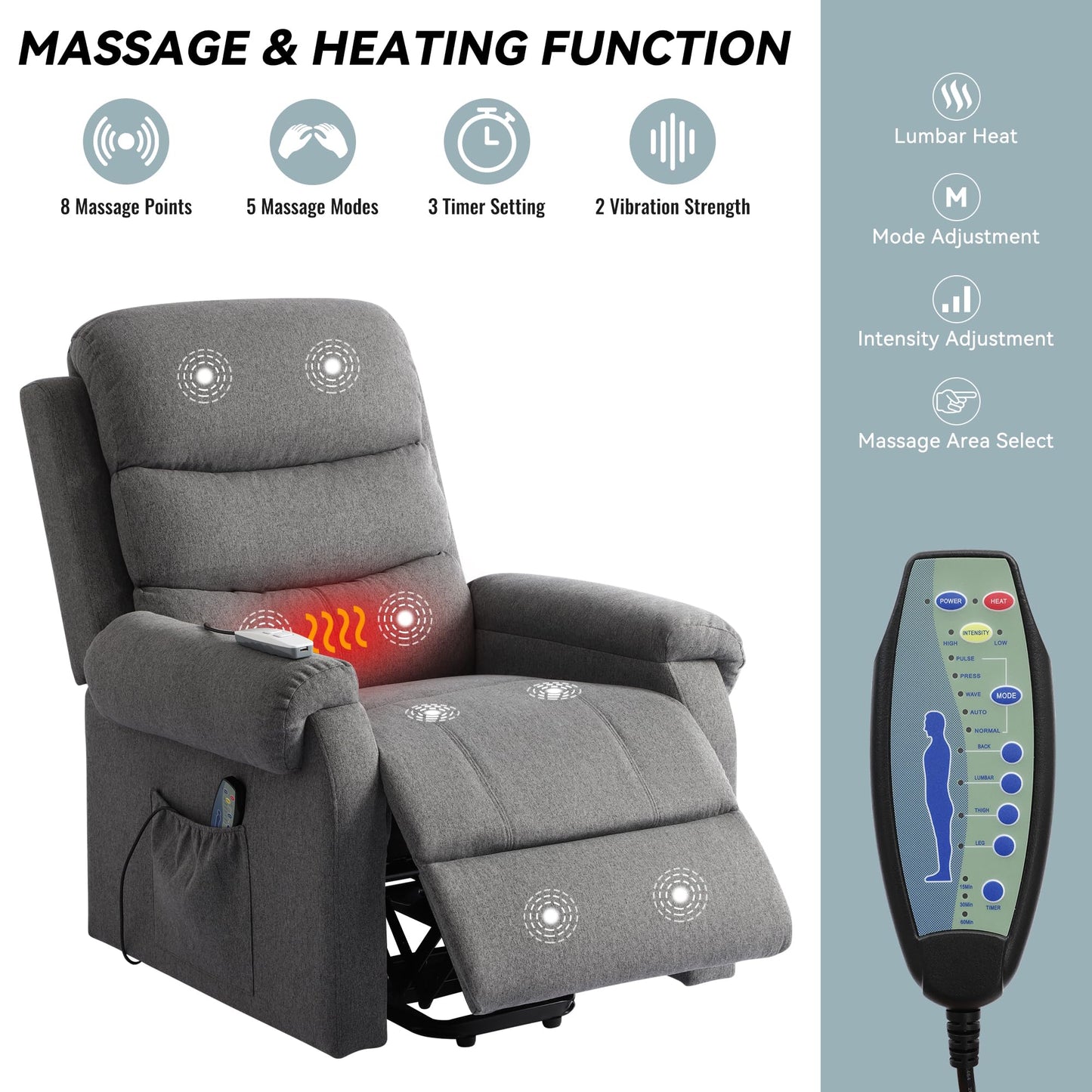 LOUVIXA Power Lift Recliner Chair Recliners for Elderly with Heat and Massage Recliner Chair for Living Room with Infinite Position and Side Pocket, USB Charge Port (Modern Grey)