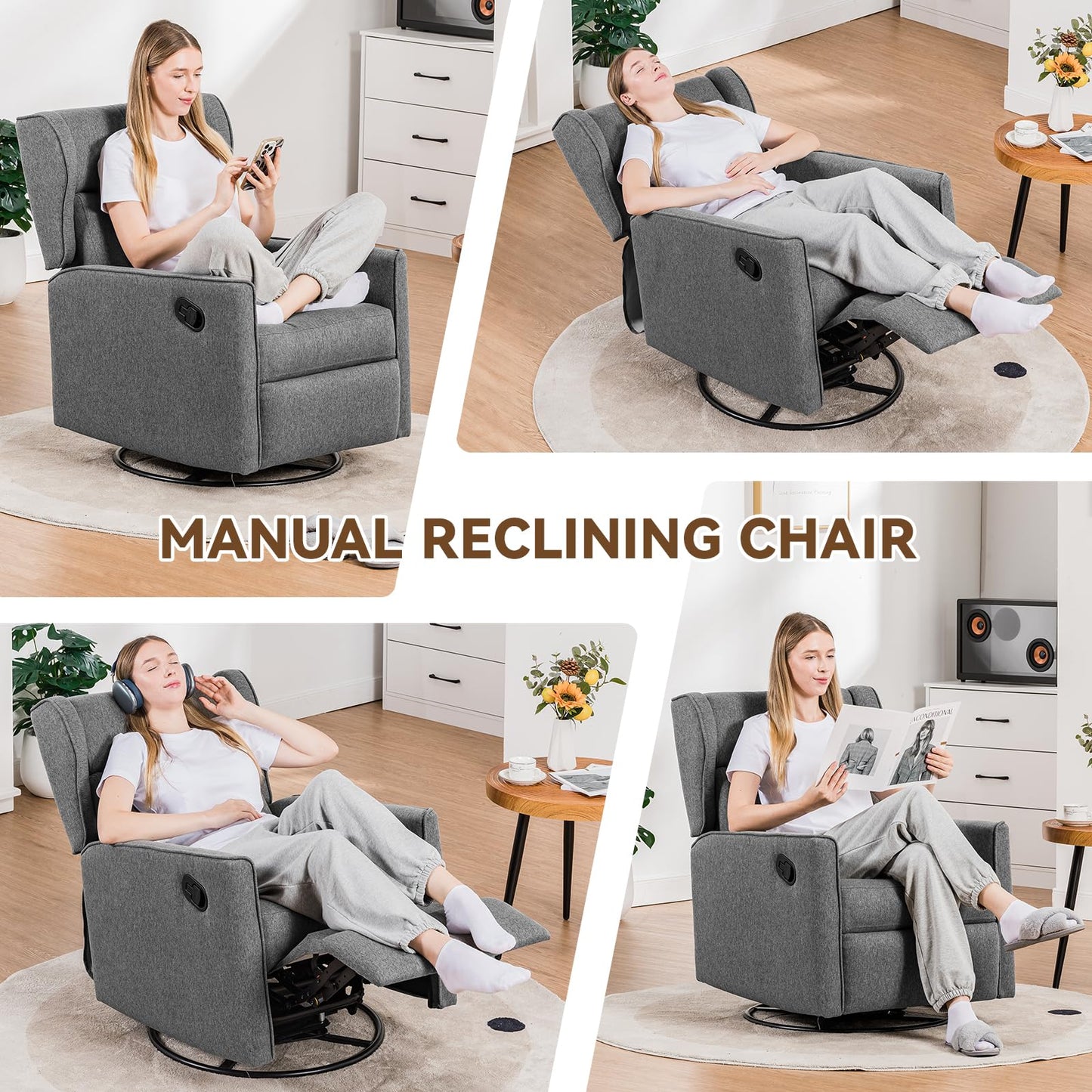COMHOMA Rocking Recliner Chair,Swivel Glider Reclining Single Sofa Manual Rocker Recliners,Nursery Rocking Chairs with Upholstered Seating for Living Room Office(Light Gray)