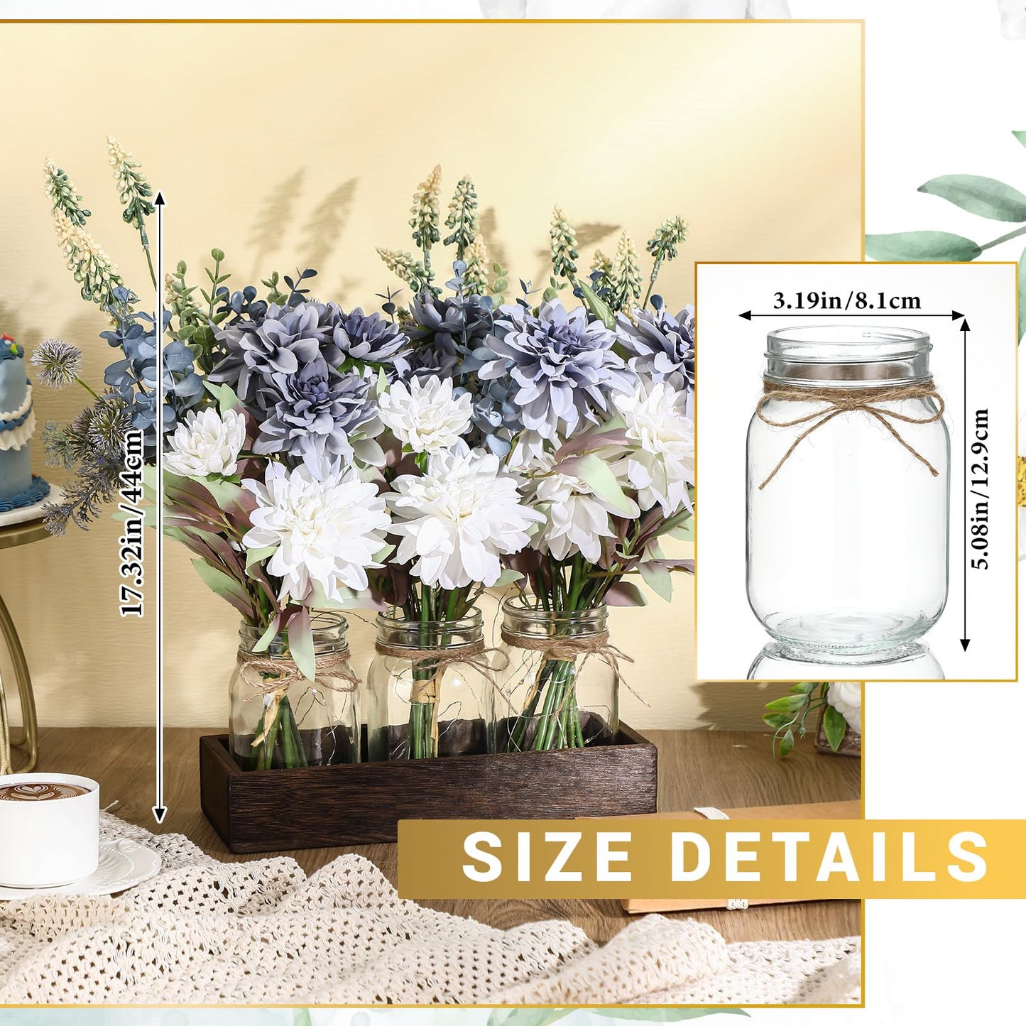 Baderke 3 Pcs Mason Jar Centerpiece Table Decorations, Fake Flowers Artificial Blue Flowers, Rustic Spring Centerpieces Decor with Wood Tray and Light, Table Decorations for Home Kitchen Living Room