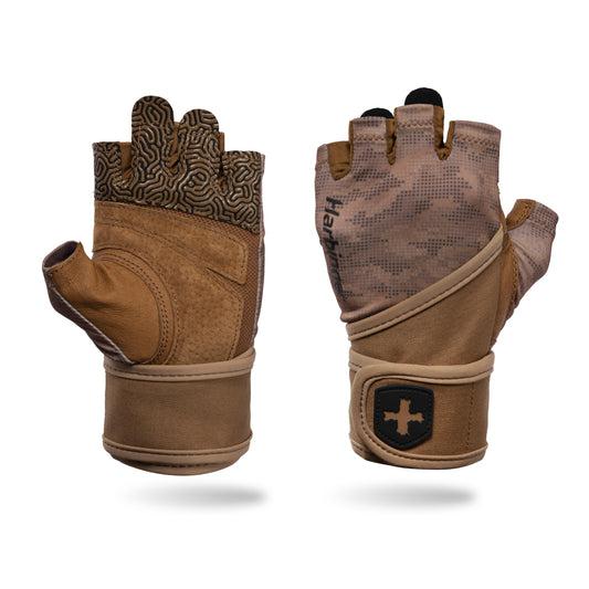 Harbinger Pro Wristwrap Gloves 3.0 - Enhanced Grip, Superior Wrist Support, Breathable 4-Way Stretch Lycra, Durable Leather Palm, Half-Finger Design for Weightlifting, Gym, Tan Camo, Medium - Men's