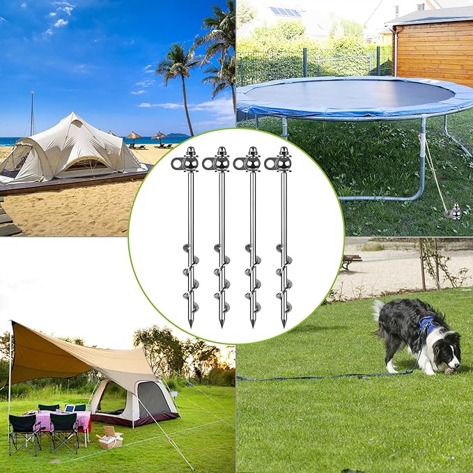 4 Pack Tent Stakes, 16 Inch Heavy Duty Ground Anchors, Full Welding, Easy to Screw in and Reusable, for Camping Tents, Trampolines, Sheds, Swing Sets, Securing Animals