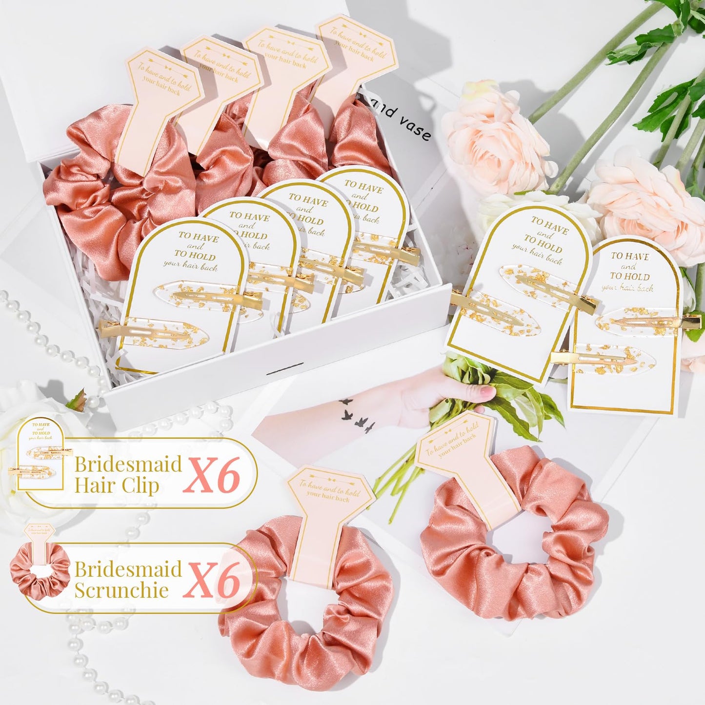 Aileam 12 PCS Bridesmaid Proposal Gifts, Gold Glitter Hair Clips and Silk Satin Scrunchies, Bridal Shower Favors for Women Girls